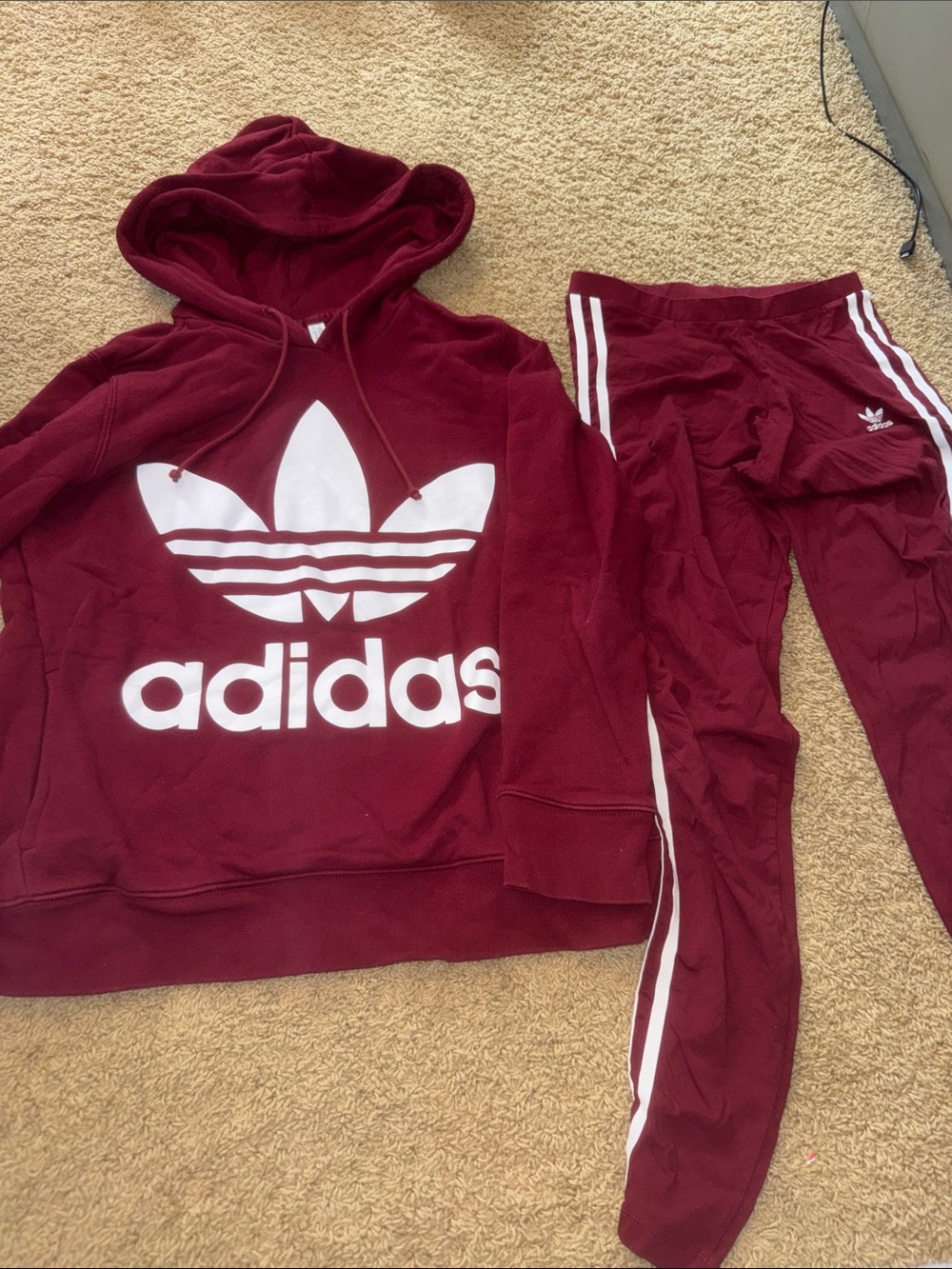adidas woman’s  Maroon Hoodie & Joggers Set with White Logos